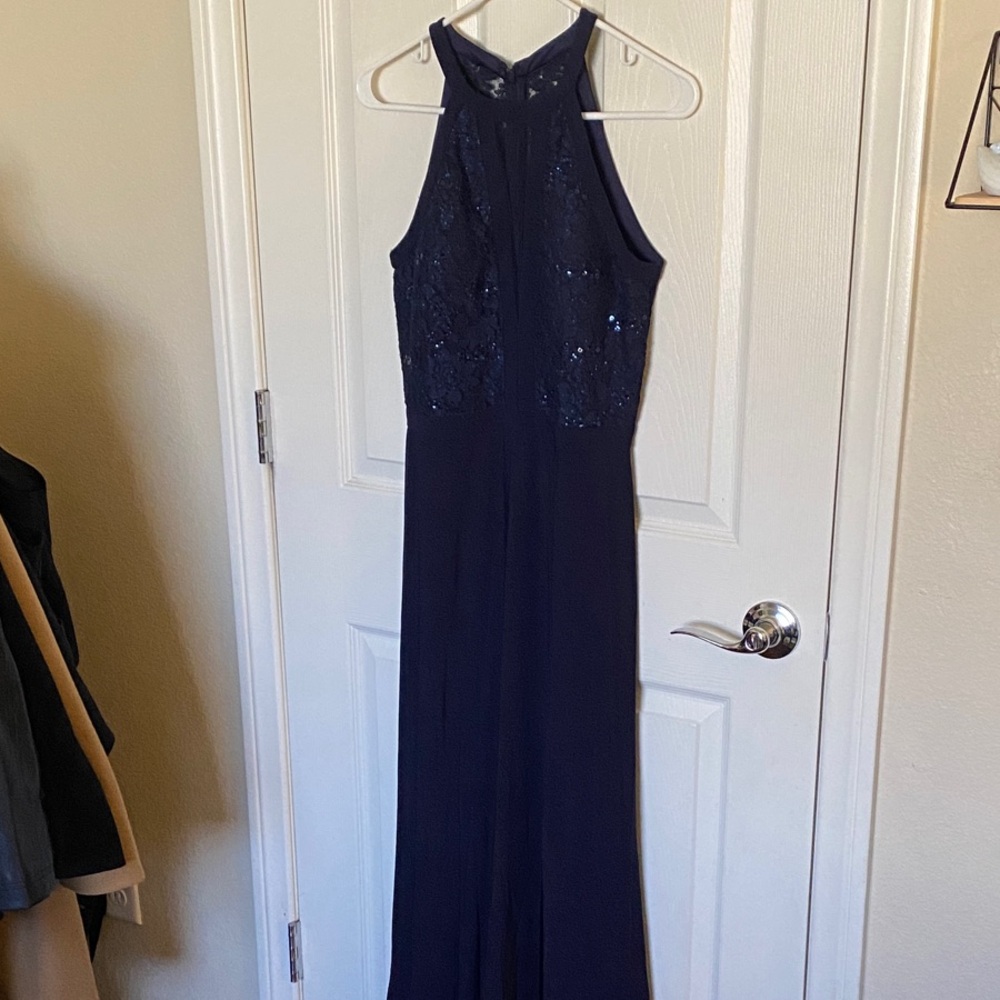 Elegant Navy Blue Halter Gown